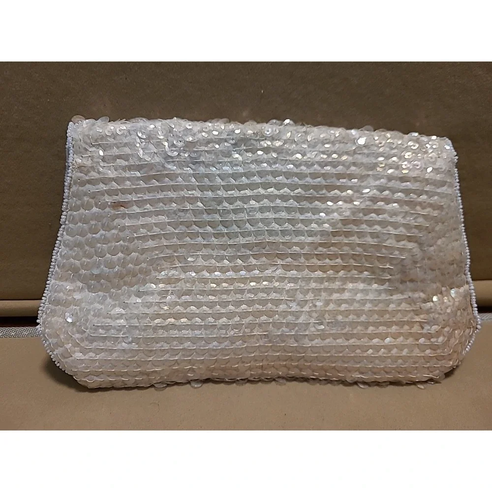 Vintage Ivory Cream Evening Bag Purse‎ Sequin Beaded Clutch 8